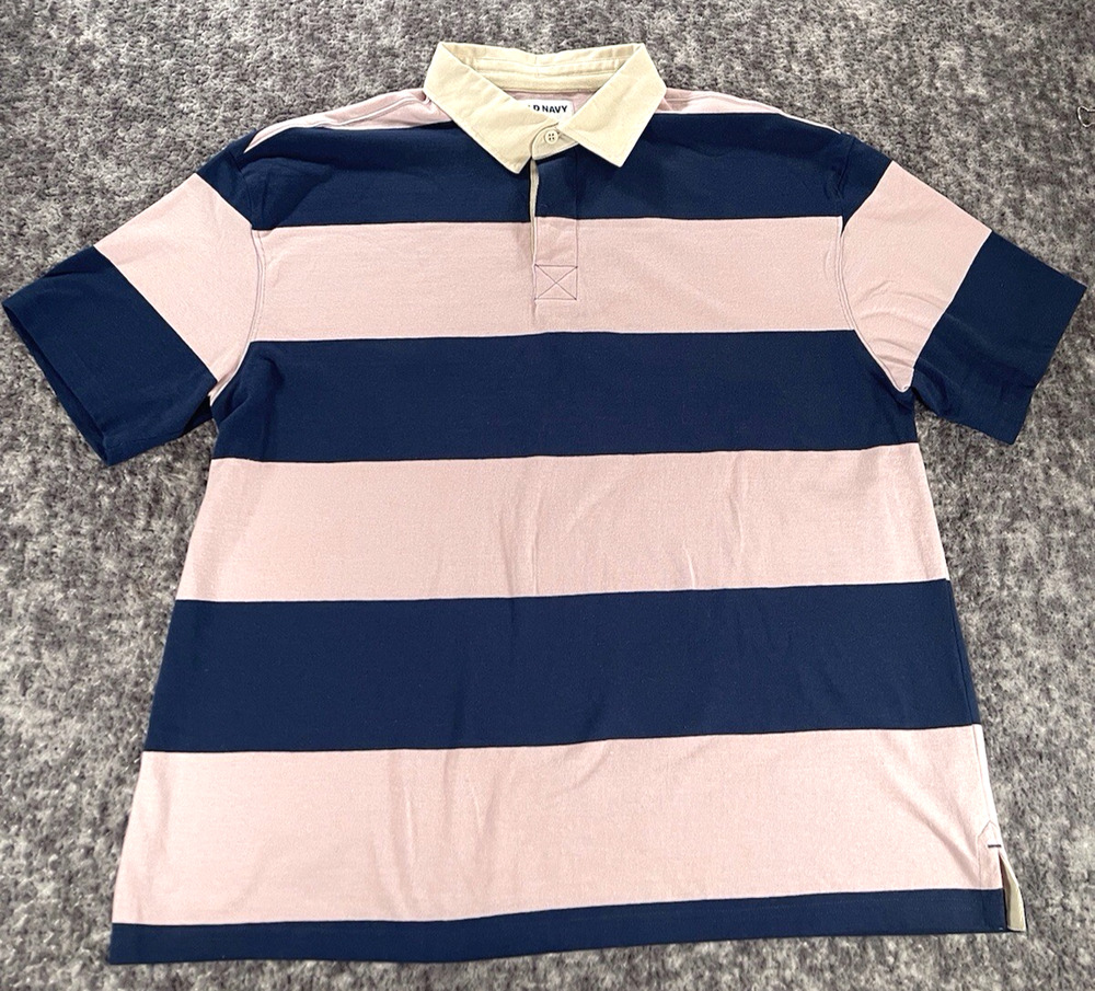 Old Navy Mens L Polo Shirt Short Sleeve Pink Blue Striped Pique Knit Casual